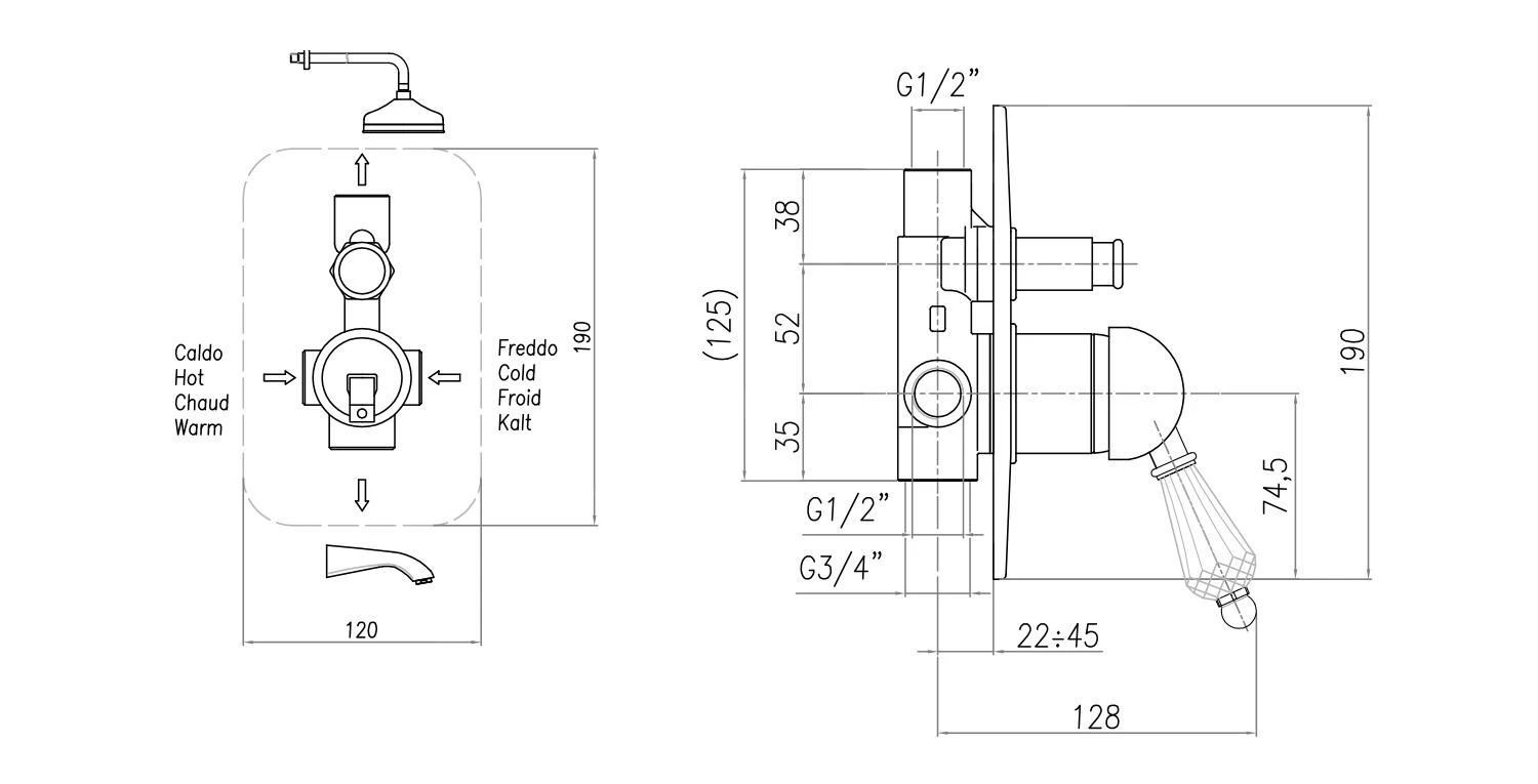 Sapho Kirké - Inbouw Douchekraan, Kristal Hendel, Brons KI42KB 2 Sapho Kirké - Inbouw Douchekraan, Kristal Hendel, Brons KI42KB - Afbeelding 2