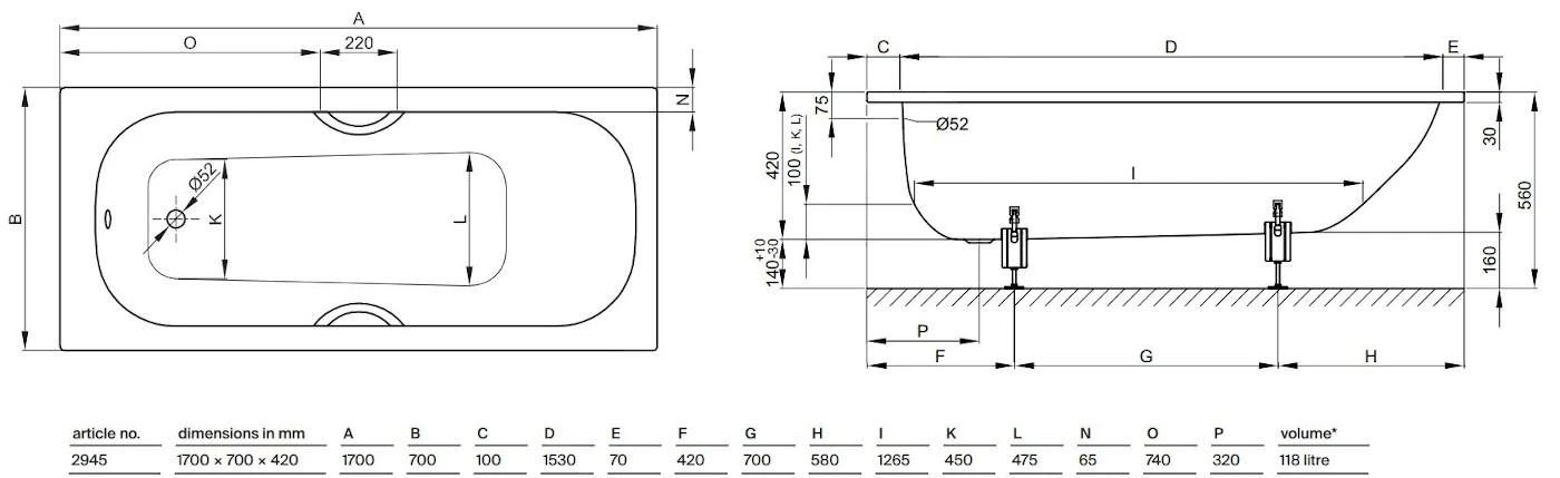 Bette Form - Inbouwbad 1700x700 Mm, 2 Gaten Voor Handgreep, Anti-Slip, Wit 2945-0002GR,AR 2 Bette Form - Inbouwbad 1700x700 Mm, 2 Gaten Voor Handgreep, Anti-Slip, Wit 2945-0002GR,AR - Afbeelding 2