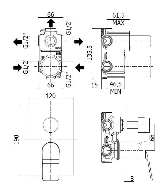 Paffoni Tilt - Inbouwkraan Incl. Inbouwdeel, Voor 3 Uitgangen, Mat Wit TI019BO/M 2 Paffoni Tilt - Inbouwkraan Incl. Inbouwdeel, Voor 3 Uitgangen, Mat Wit TI019BO/M - Afbeelding 2