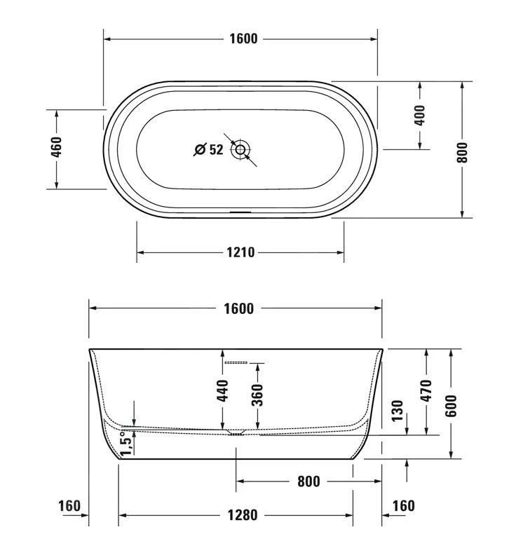 Duravit Soleil By Starck - Vrijstaand Bad 1600x800 Mm, DuraSolid, ClickClack, Wit 700516000000000 2 Duravit Soleil By Starck - Vrijstaand Bad 1600x800 Mm, DuraSolid, ClickClack, Wit 700516000000000 - Afbeelding 2