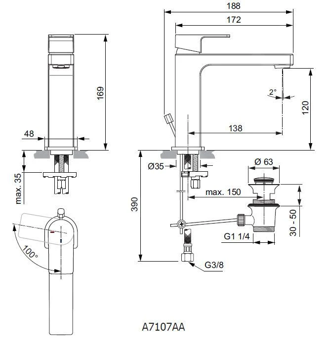 Ideal Standard Edge - Grande Slim Wastafelkraan, Met Waste, BlueStart, Chroom A7107AA 2 Ideal Standard Edge - Grande Slim Wastafelkraan, Met Waste, BlueStart, Chroom A7107AA - Afbeelding 2