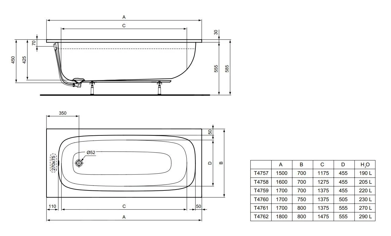 Ideal Standard I.Life - Bad 1700x750 Mm, Wit T476001 2 Ideal Standard I.Life - Bad 1700x750 Mm, Wit T476001 - Afbeelding 2