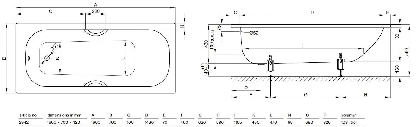 Bette Form - Inbouwbad 1600x700 Mm, 2 Gaten Voor Handgreep, Wit 2942-0002GR 2 Bette Form - Inbouwbad 1600x700 Mm, 2 Gaten Voor Handgreep, Wit 2942-0002GR - Afbeelding 2
