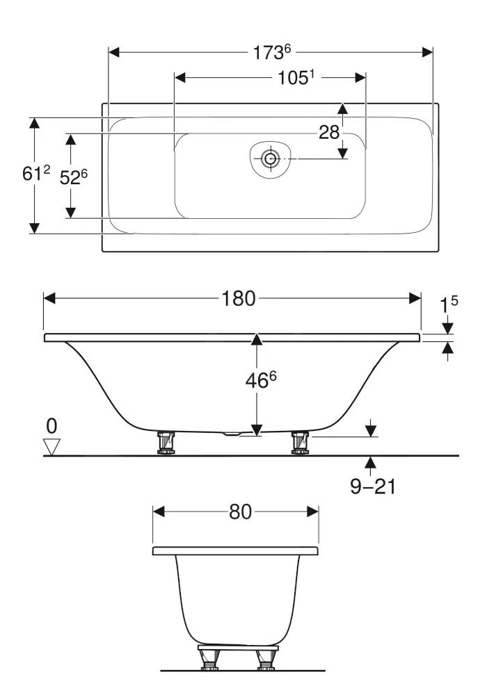 Geberit Tawa - Bad 1800x800x466 Mm, Wit 554.124.01.1 2 Geberit Tawa - Bad 1800x800x466 Mm, Wit 554.124.01.1 - Afbeelding 2
