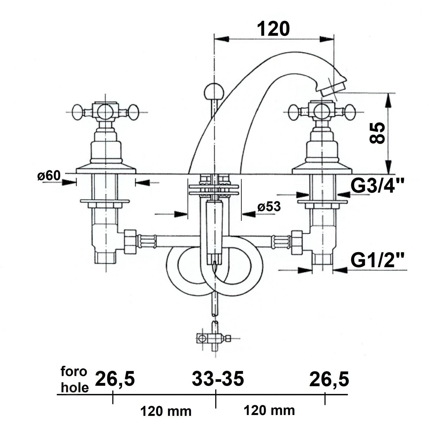 Sapho Reitano Rubinetteria Antea - 3-gats Wastafelkraan Met Waste, Chroom 3021 2 Sapho Reitano Rubinetteria Antea - 3-gats Wastafelkraan Met Waste, Chroom 3021 - Afbeelding 2