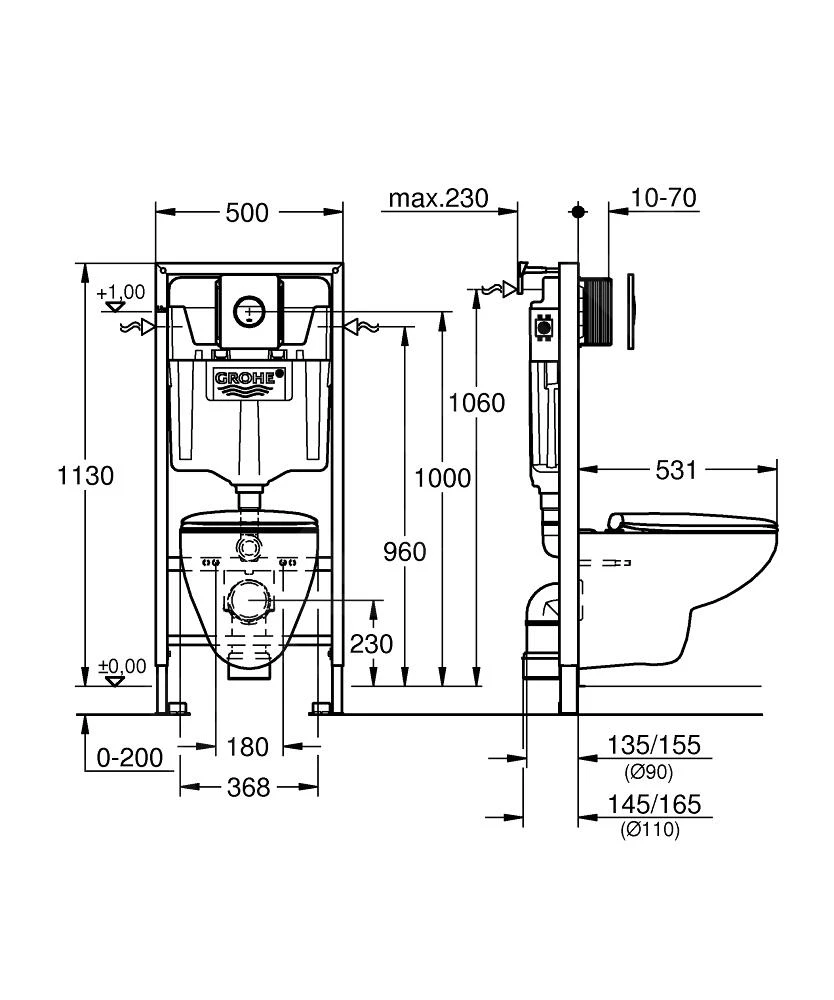 Grohe Solido - Complete Toiletset, Wandcloset + Bau Ceramic Toiletzitting Met SoftClose, Sail Bedieningsplaat, Chroom 39499000 2 Grohe Solido - Complete Toiletset, Wandcloset + Bau Ceramic Toiletzitting Met SoftClose, Sail Bedieningsplaat, Chroom 39499000 - Afbeelding 2