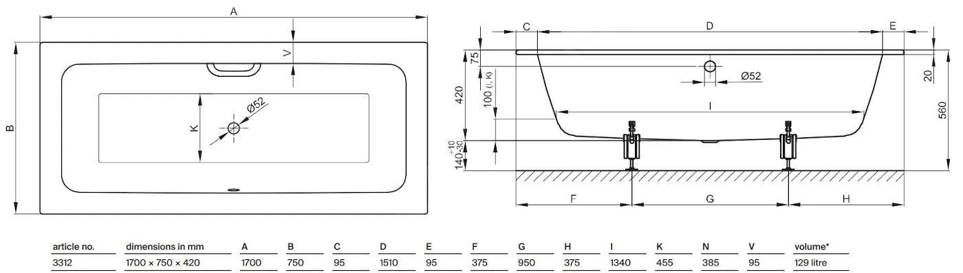 Bette One - Inbouwbad 1700x750 Mm, Anti-Slip, Wit 3312-000AR 2 Bette One - Inbouwbad 1700x750 Mm, Anti-Slip, Wit 3312-000AR - Afbeelding 2
