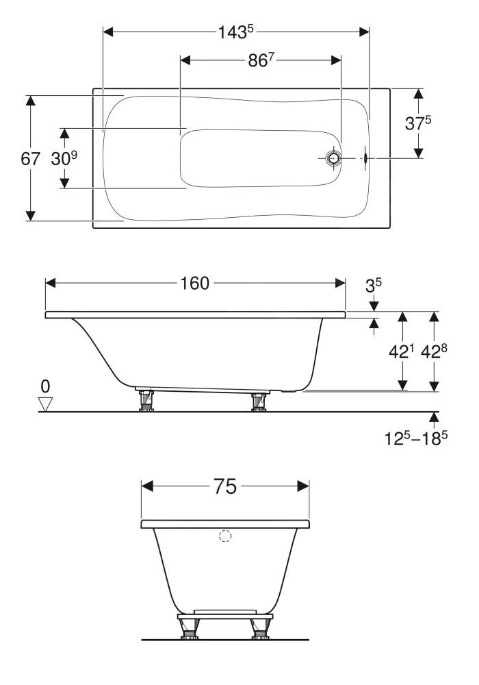 Geberit Selnova - Bad 1600x750x428 Mm, Wit 554.283.01.1 2 Geberit Selnova - Bad 1600x750x428 Mm, Wit 554.283.01.1 - Afbeelding 2