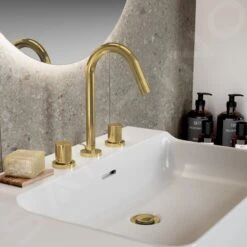 Ideal Standard Joy - Wastafelkraan, 3-gats, Met Waste, Brushed Gold BC783A2 -Badkamer Luxe 89529c5b39fb1c9c0c7cbfa2