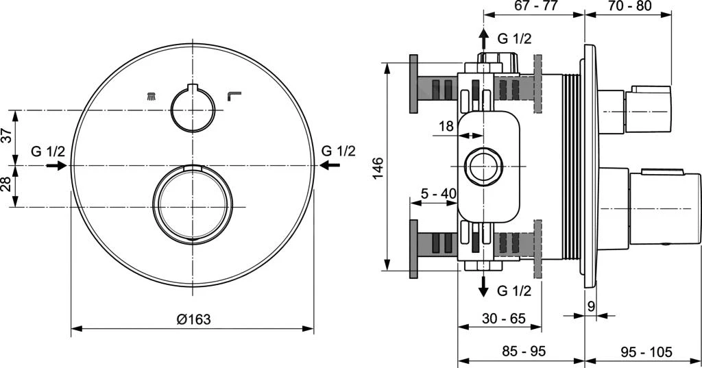 Ideal Standard CeraTherm - Thermostatische Kraan T100 Voor 2 Uitgangen Inbouw, Zwart A5815XG 2 Ideal Standard CeraTherm - Thermostatische Kraan T100 Voor 2 Uitgangen Inbouw, Zwart A5815XG - Afbeelding 2