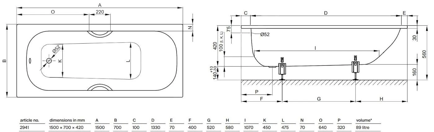 Bette Form - Inbouwbad 1500x700 Mm, 2 Gaten Voor Handgreep, Wit 2941-0002GR 2 Bette Form - Inbouwbad 1500x700 Mm, 2 Gaten Voor Handgreep, Wit 2941-0002GR - Afbeelding 2