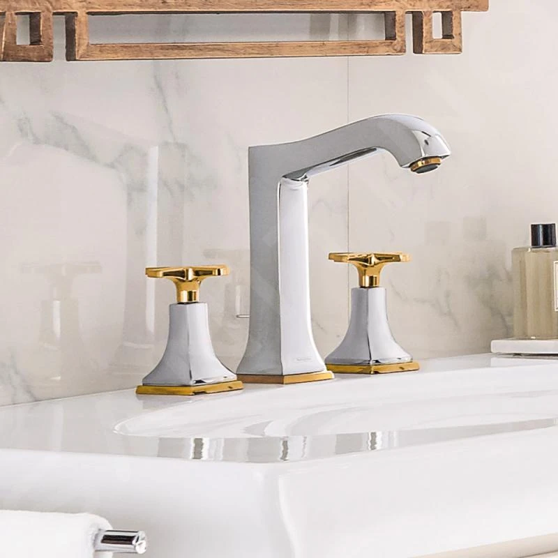 Hansgrohe Metropol Classic - 3-gats Wastafelkraan 160 Met Greep In Kruisvorm, Met Afvoergarnituur Met Trekstang, Chroom/goud Look 31307090 3 Hansgrohe Metropol Classic - 3-gats Wastafelkraan 160 Met Greep In Kruisvorm, Met Afvoergarnituur Met Trekstang, Chroom/goud Look 31307090 - Afbeelding 3