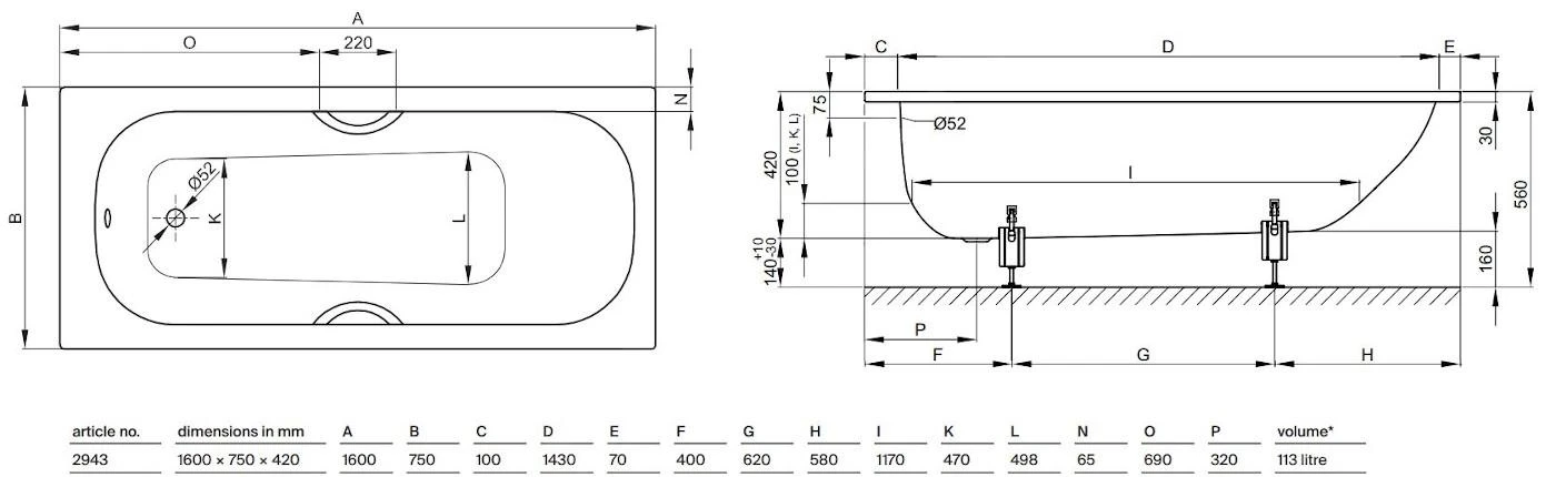 Bette Form - Inbouwbad 1600x750 Mm, 2 Gaten Voor Handgreep, Wit 2943-0002GR 2 Bette Form - Inbouwbad 1600x750 Mm, 2 Gaten Voor Handgreep, Wit 2943-0002GR - Afbeelding 2