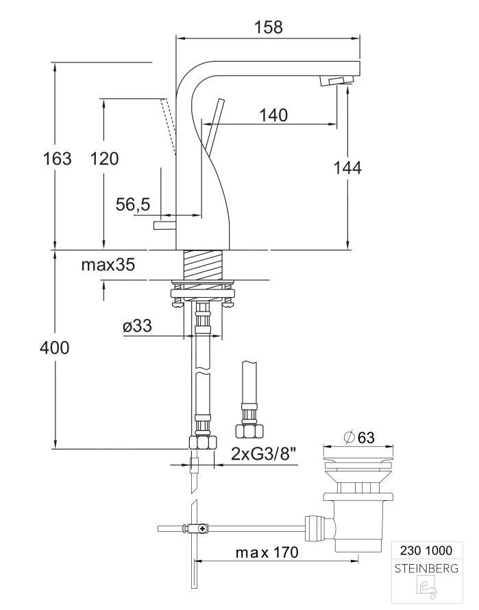 Steinberg 230 - Wastafelkraan Met Waste, Chroom 230 1000 2 Steinberg 230 - Wastafelkraan Met Waste, Chroom 230 1000 - Afbeelding 2