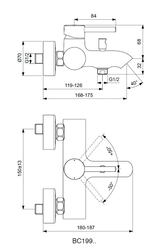 Ideal Standard CeraLine - Badkraan Wandmontage, Zwart BC199XG 2 Ideal Standard CeraLine - Badkraan Wandmontage, Zwart BC199XG - Afbeelding 2