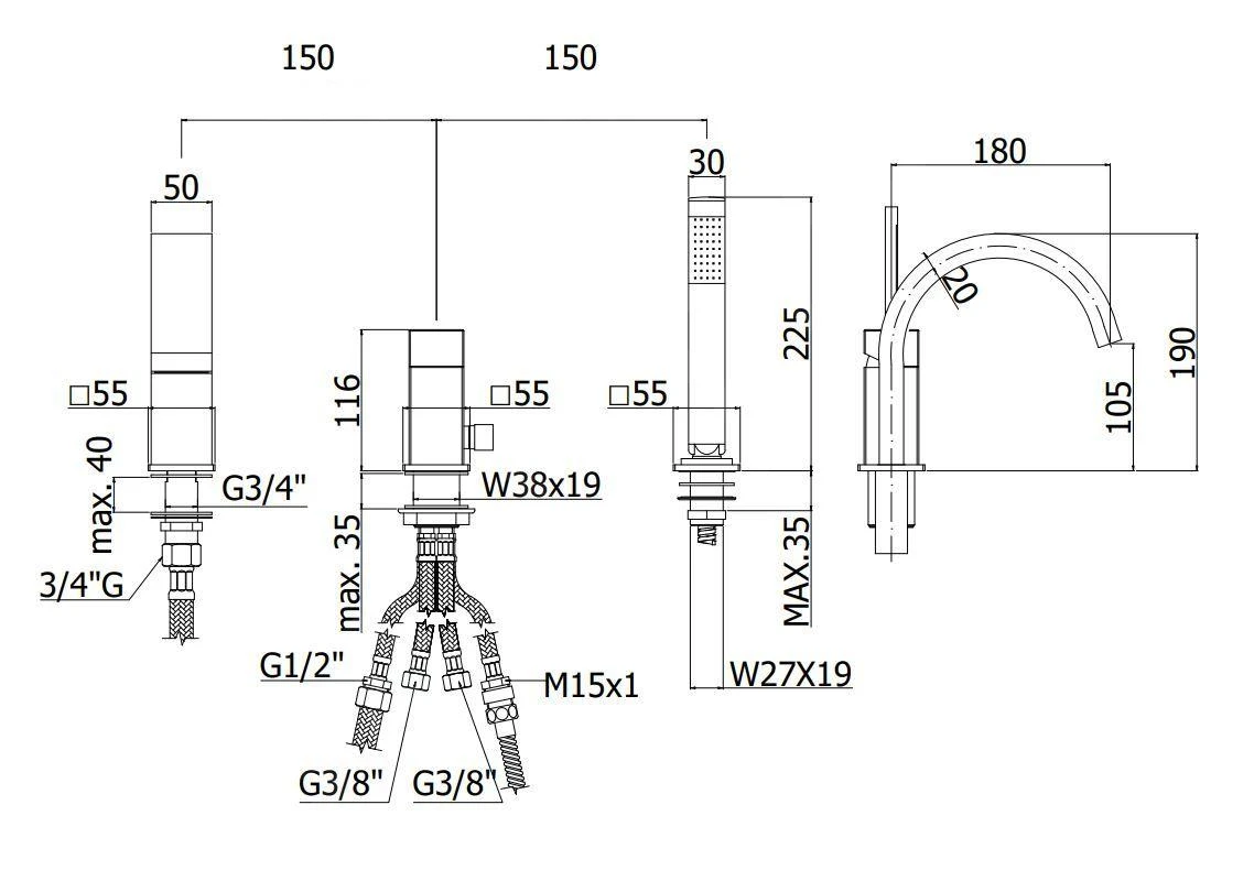 Paffoni Level - Badrandkraan, 3-gats, Chroom LES040CR 2 Paffoni Level - Badrandkraan, 3-gats, Chroom LES040CR - Afbeelding 2