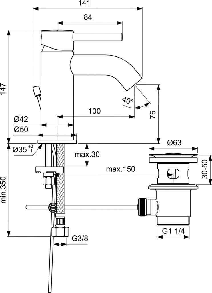 Ideal Standard CeraLine - Wastafelkraan Met Waste, Zwart BC193XG 2 Ideal Standard CeraLine - Wastafelkraan Met Waste, Zwart BC193XG - Afbeelding 2