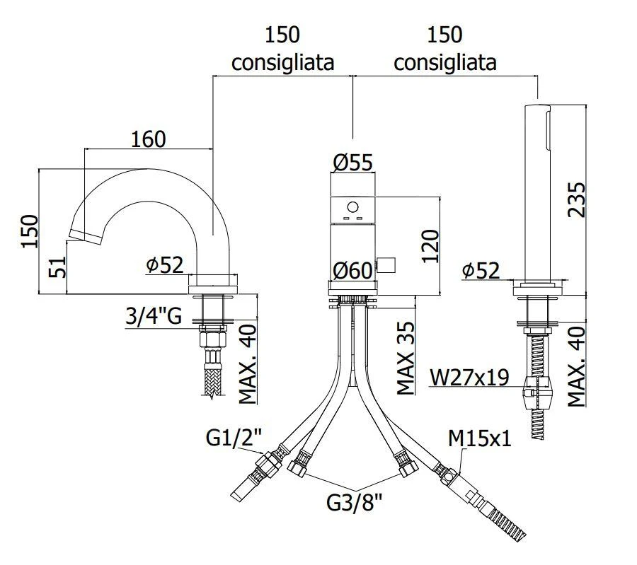 Paffoni Light - Badkraan Op Badrand, 3-gats, Mat Zwart LIG047NO 2 Paffoni Light - Badkraan Op Badrand, 3-gats, Mat Zwart LIG047NO - Afbeelding 2
